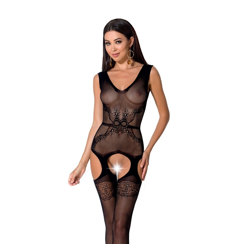 Tuta Lingerie Aperta Nero in Rete con Motivo Floreale Centrale BS062