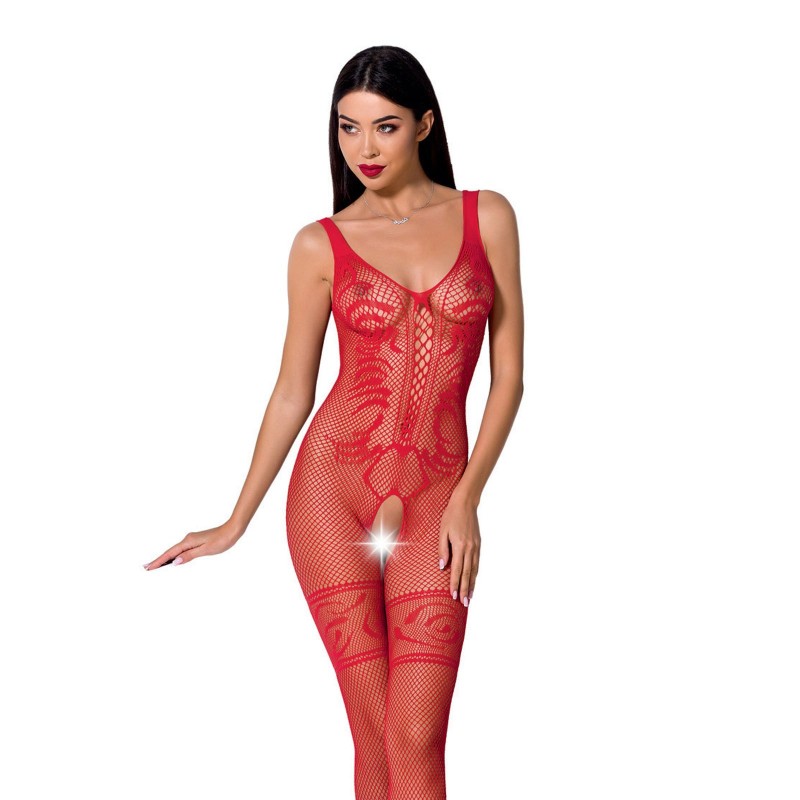 Tuta Lingerie Aperta Rosso in Rete con Motivo Ornamentale BS069