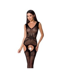 Tuta Lingerie Aperta Nero in Rete con Motivo Floreale Centrale BS062