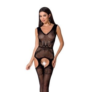 Tuta Lingerie Aperta Nero in Rete con Motivo Floreale Centrale BS062